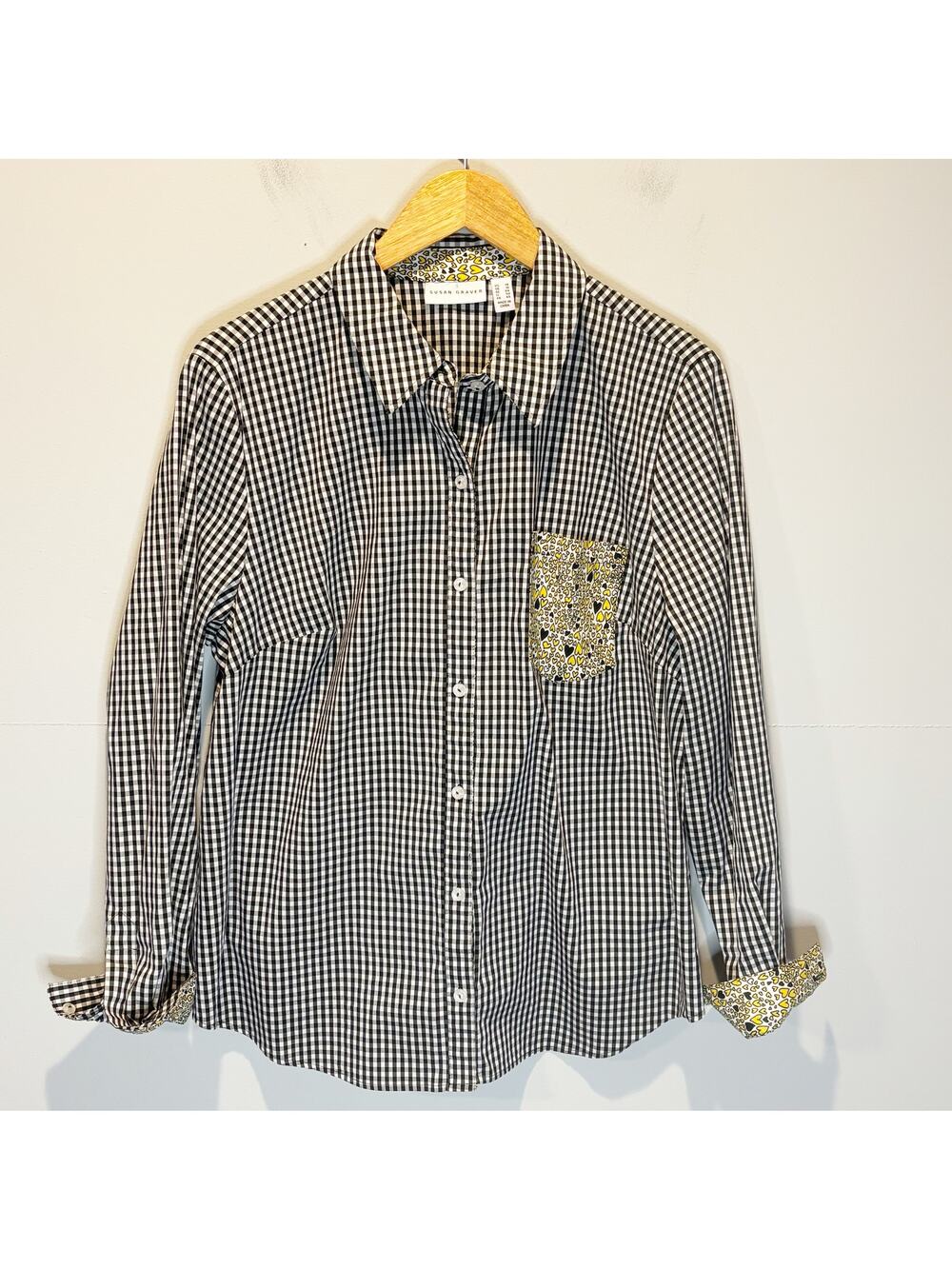Susan Graver Gingham Plaid & Heart Print Button Down Shirt - size 14